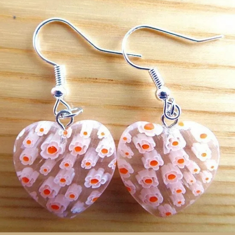 *Sale* New Heart Shaped Glass Millefiori Earrings.